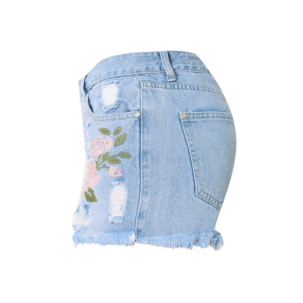 Floral Embroidered High Waist Denim Shorts