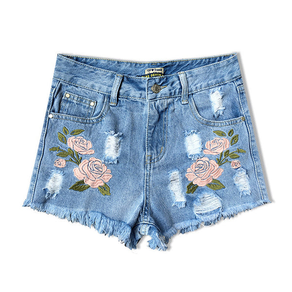 Floral Embroidered High Waist Denim Shorts