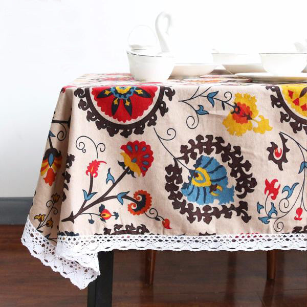 Boho Floral Linen Blend Tablecloth