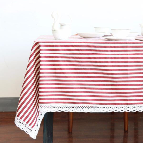 Red & White Striped Linen Blend Tablecloth