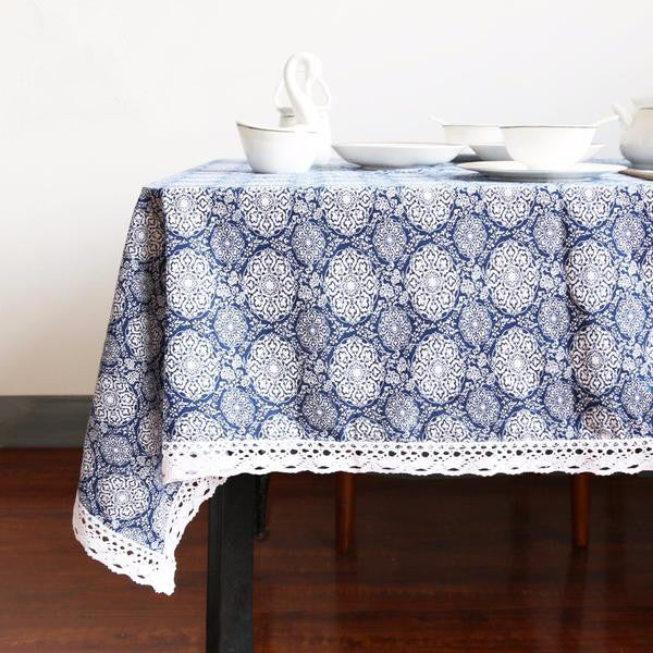 Blue Floral Linen-Blend Tablecloth