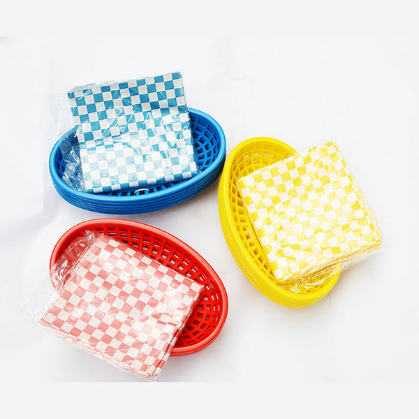 Plastic Hot Dog n' Fries Baskets with Checked Liners (Set of 6)