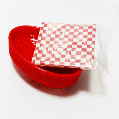 Plastic Hot Dog n' Fries Baskets with Checked Liners (Set of 6)