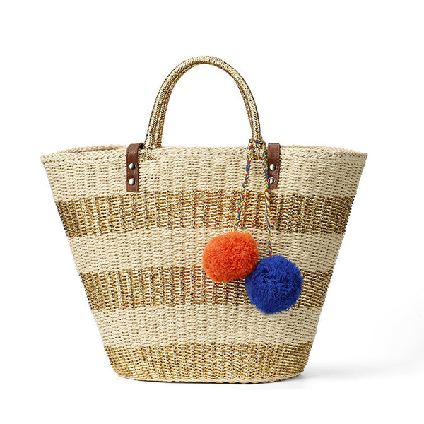 Pom-pom Straw Beach Tote