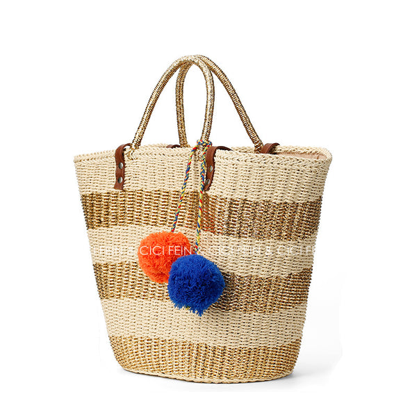 Pom-pom Straw Beach Tote