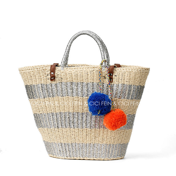 Pom-pom Straw Beach Tote