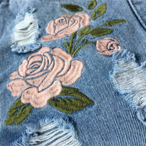 Floral Embroidered High Waist Denim Shorts